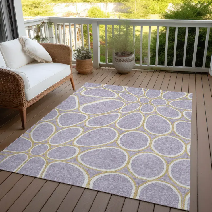 8' X 10' Lavender Ivory And Gold Abstract Washable Indoor Outdoor Area Rug