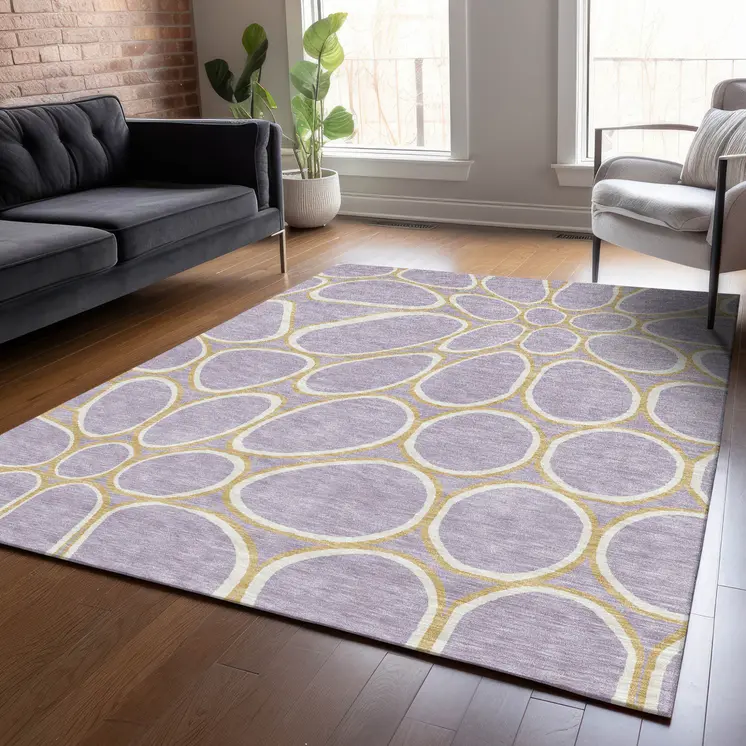 8' X 10' Lavender Ivory And Gold Abstract Washable Indoor Outdoor Area Rug