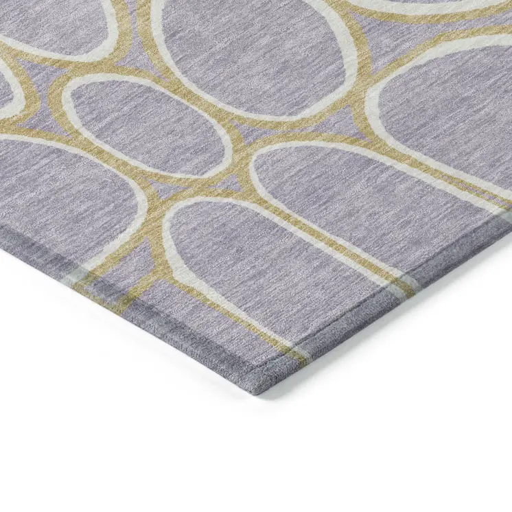 9' X 12' Lavender Ivory And Gold Abstract Washable Indoor Outdoor Area Rug
