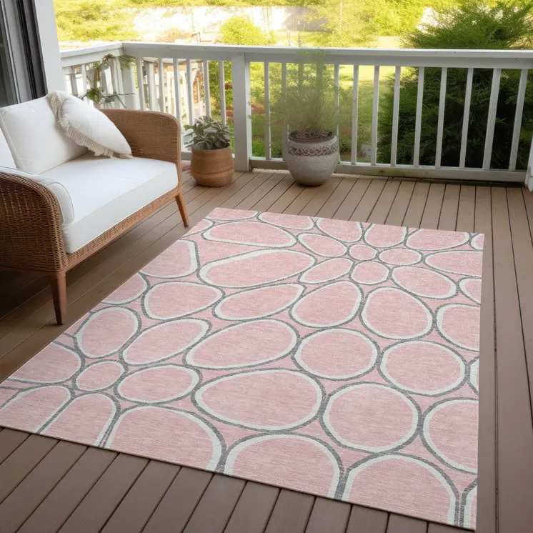 3' X 5' Pink Gray And Ivory Abstract Washable Indoor Outdoor Area Rug