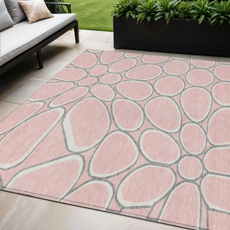 5' X 8' Pink Gray And Ivory Abstract Washable Indoor Outdoor Area Rug