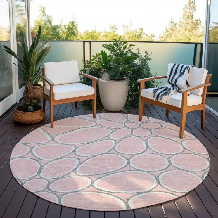 8' Pink Gray And Ivory Round Abstract Washable Indoor Outdoor Area Rug