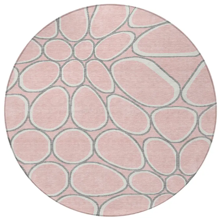 8' Pink Gray And Ivory Round Abstract Washable Indoor Outdoor Area Rug