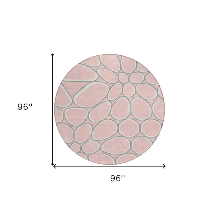 8' Pink Gray And Ivory Round Abstract Washable Indoor Outdoor Area Rug