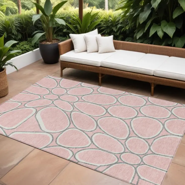 10' X 14' Pink Gray And Ivory Abstract Washable Indoor Outdoor Area Rug