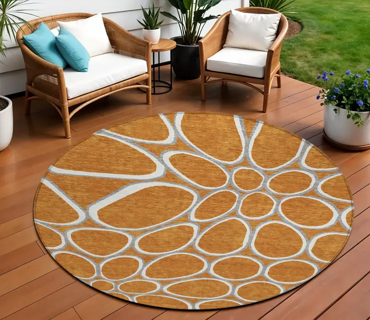 8' Copper Gray And Ivory Round Abstract Washable Indoor Outdoor Area Rug