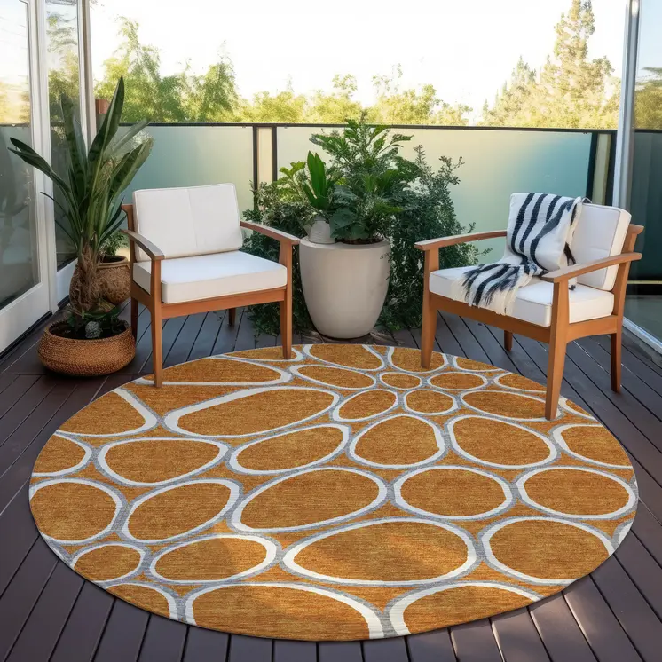 8' Copper Gray And Ivory Round Abstract Washable Indoor Outdoor Area Rug