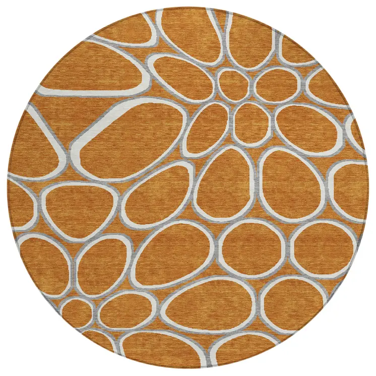 8' Copper Gray And Ivory Round Abstract Washable Indoor Outdoor Area Rug