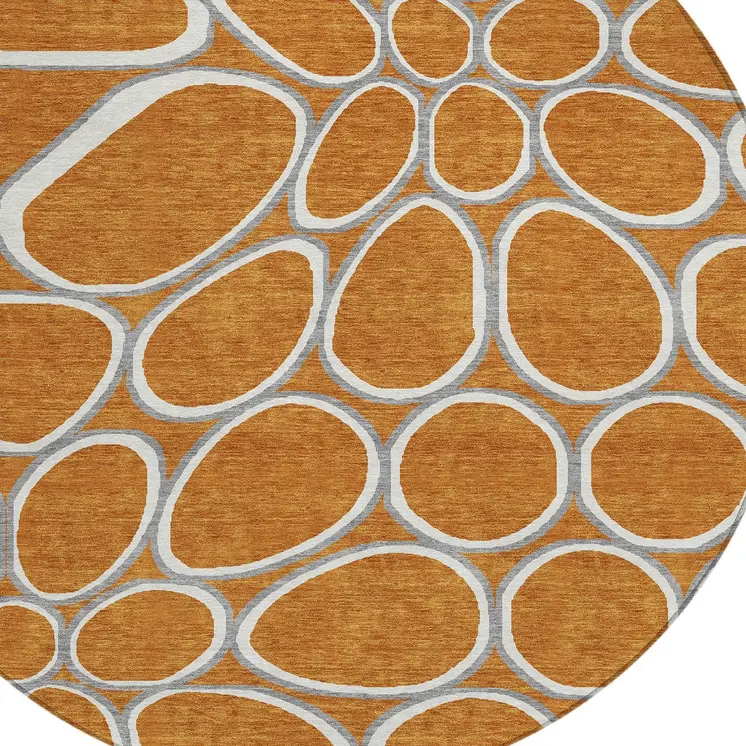8' Copper Gray And Ivory Round Abstract Washable Indoor Outdoor Area Rug