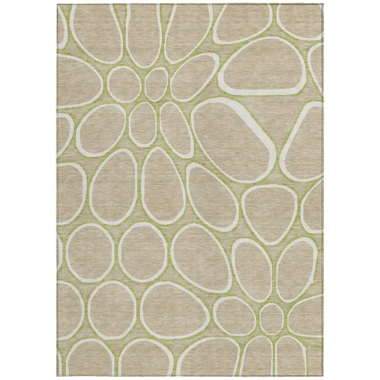 3' X 5' Tan Ivory And Green Abstract Washable Indoor Outdoor Area Rug
