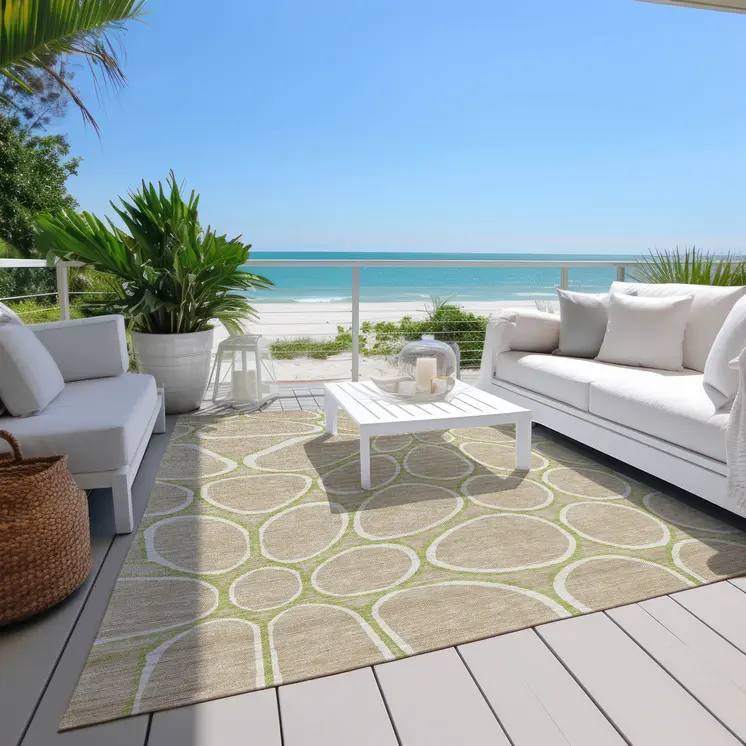 3' X 5' Tan Ivory And Green Abstract Washable Indoor Outdoor Area Rug