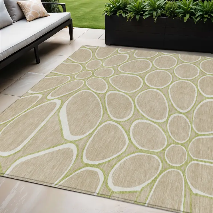 5' X 8' Tan Ivory And Green Abstract Washable Indoor Outdoor Area Rug