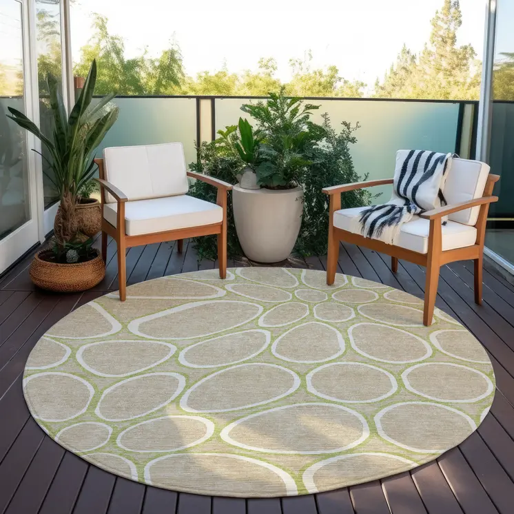 8' Tan Ivory And Green Round Abstract Washable Indoor Outdoor Area Rug