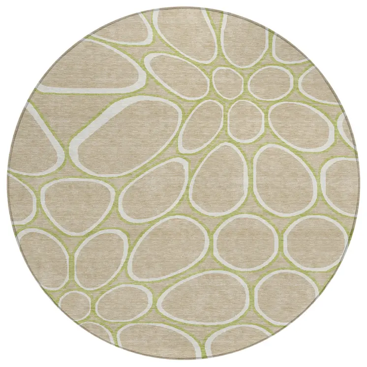 8' Tan Ivory And Green Round Abstract Washable Indoor Outdoor Area Rug