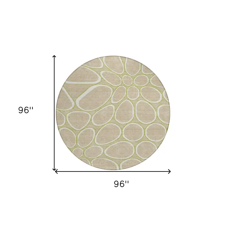8' Tan Ivory And Green Round Abstract Washable Indoor Outdoor Area Rug