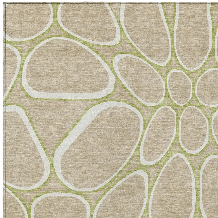 8' X 10' Tan Ivory And Green Abstract Washable Indoor Outdoor Area Rug