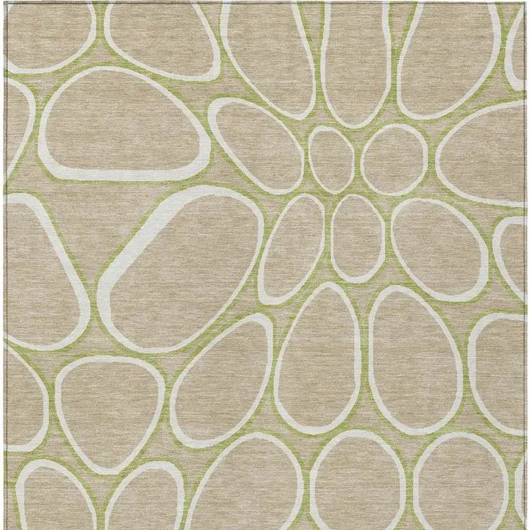 9' X 12' Tan Ivory And Green Abstract Washable Indoor Outdoor Area Rug