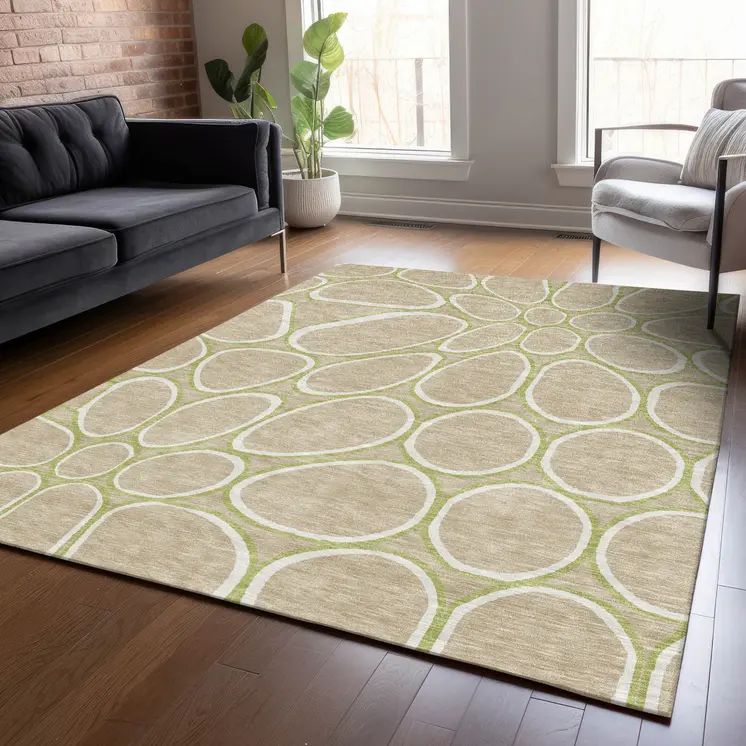 10' X 14' Tan Ivory And Green Abstract Washable Indoor Outdoor Area Rug