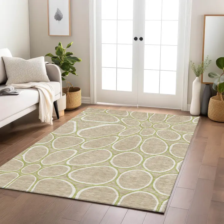 10' X 14' Tan Ivory And Green Abstract Washable Indoor Outdoor Area Rug
