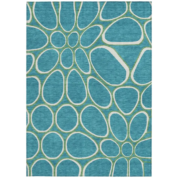 5' X 8' Teal Blue Ivory And Green Abstract Washable Indoor Outdoor Area Rug