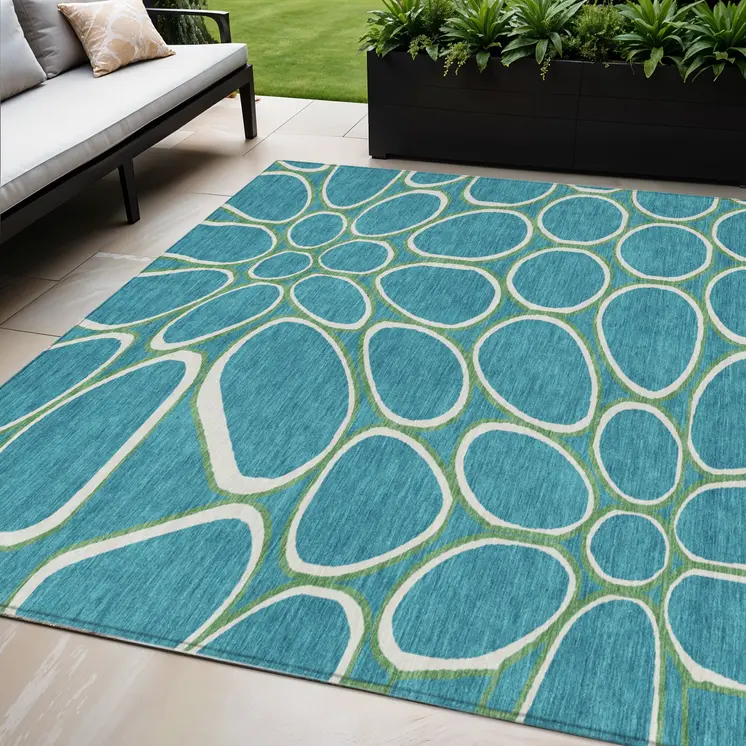5' X 8' Teal Blue Ivory And Green Abstract Washable Indoor Outdoor Area Rug