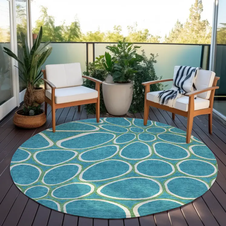 8' Teal Blue Ivory And Green Round Abstract Washable Indoor Outdoor Area Rug