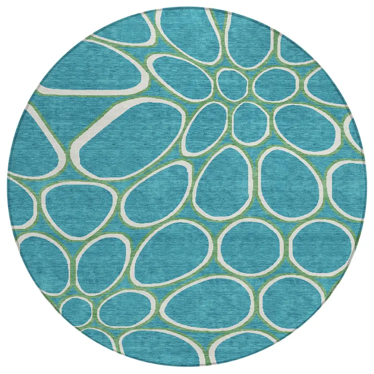 8' Teal Blue Ivory And Green Round Abstract Washable Indoor Outdoor Area Rug
