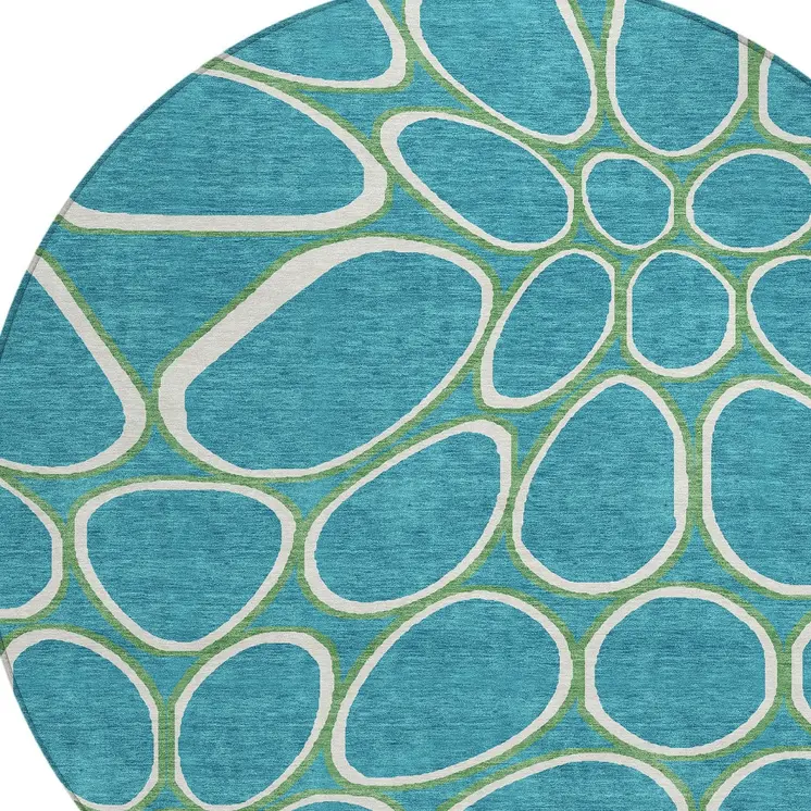 8' Teal Blue Ivory And Green Round Abstract Washable Indoor Outdoor Area Rug