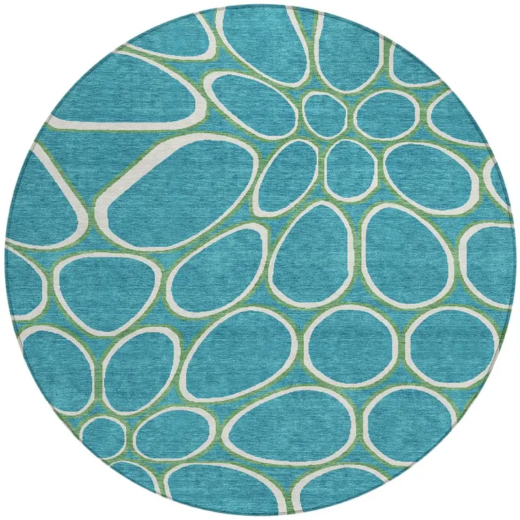 8' Teal Blue Ivory And Green Round Abstract Washable Indoor Outdoor Area Rug