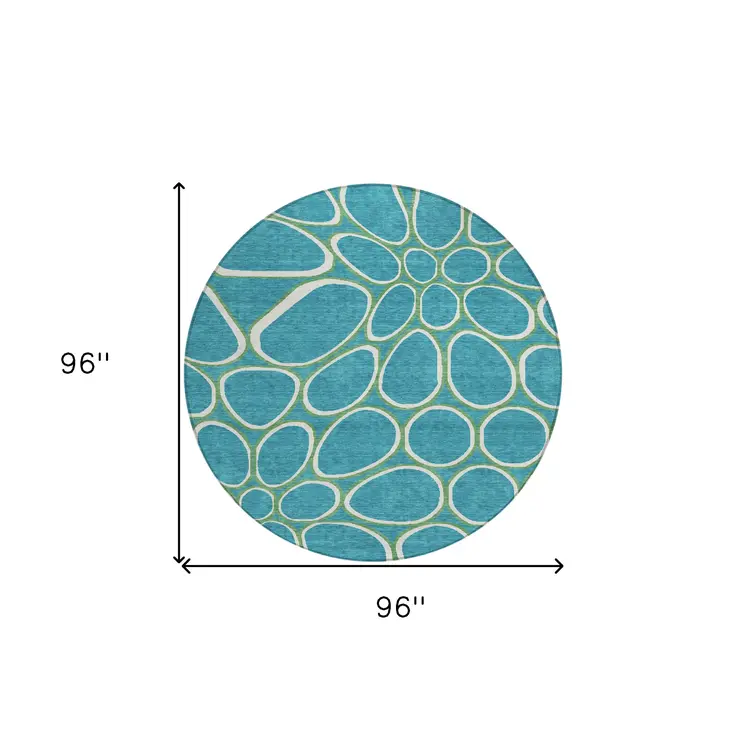 8' Teal Blue Ivory And Green Round Abstract Washable Indoor Outdoor Area Rug