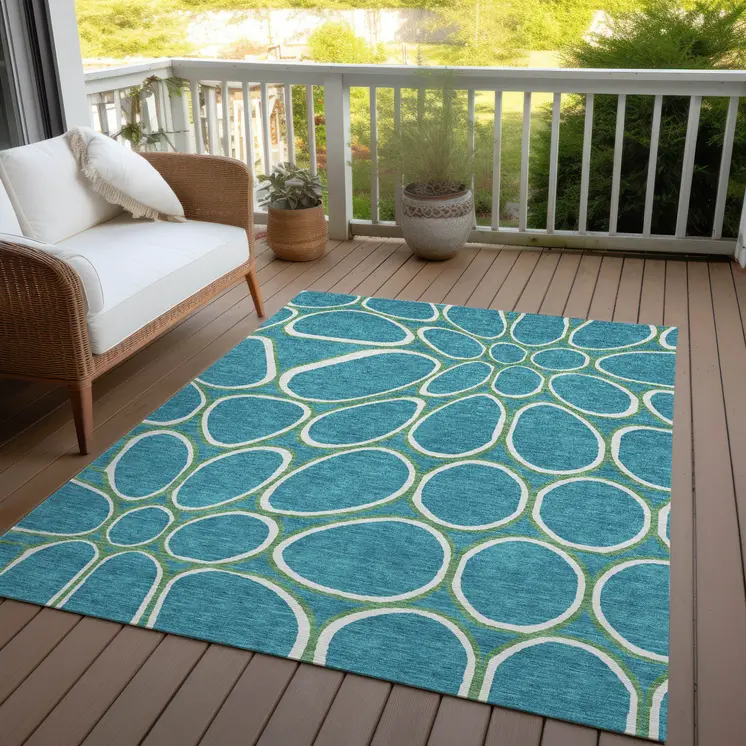 9' X 12' Teal Blue Ivory And Green Abstract Washable Indoor Outdoor Area Rug