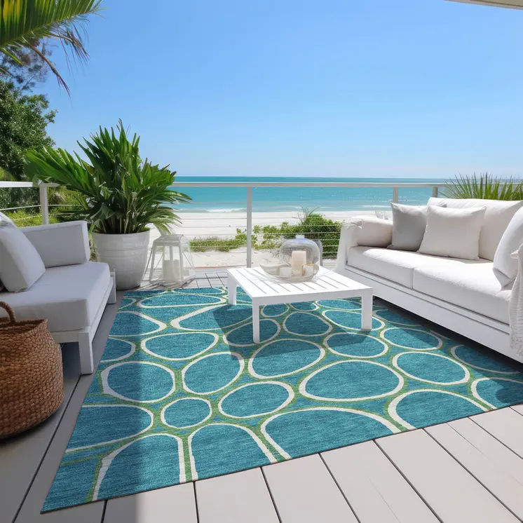 10' X 14' Teal Blue Ivory And Green Abstract Washable Indoor Outdoor Area Rug