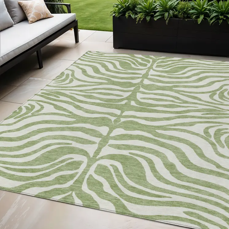5' X 8' Artichoke Green And Ivory Animal Print Washable Indoor Outdoor Area Rug