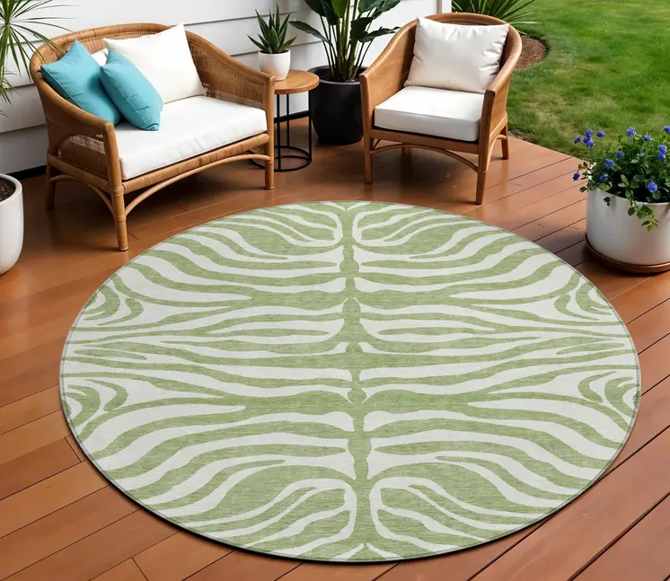 8' Artichoke Green And Ivory Round Animal Print Washable Indoor Outdoor Area Rug