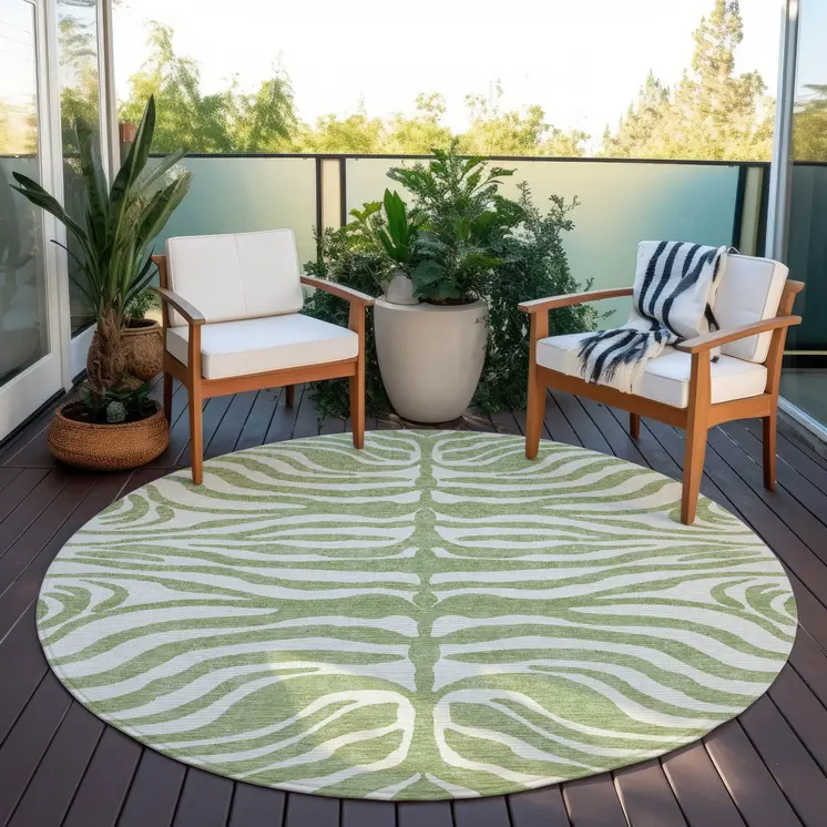 8' Artichoke Green And Ivory Round Animal Print Washable Indoor Outdoor Area Rug