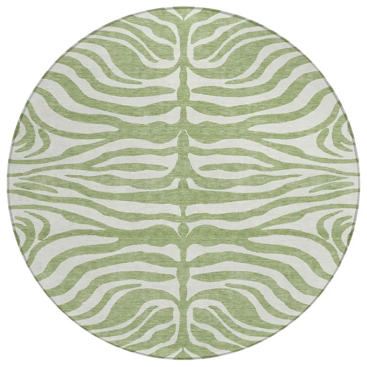 8' Artichoke Green And Ivory Round Animal Print Washable Indoor Outdoor Area Rug