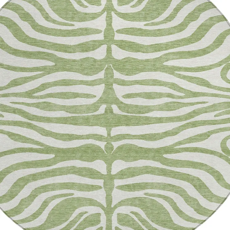 8' Artichoke Green And Ivory Round Animal Print Washable Indoor Outdoor Area Rug