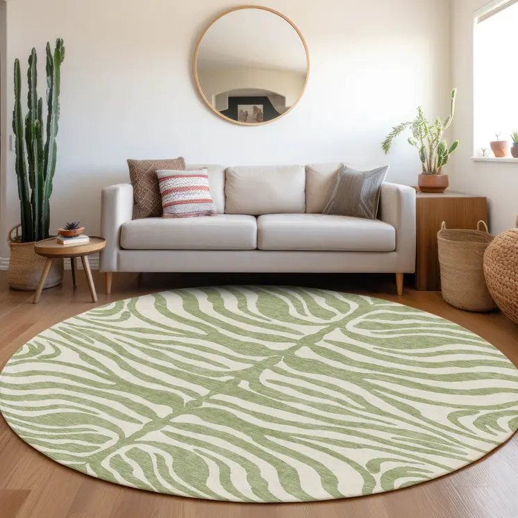 8' Artichoke Green And Ivory Round Animal Print Washable Indoor Outdoor Area Rug