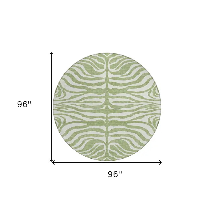 8' Artichoke Green And Ivory Round Animal Print Washable Indoor Outdoor Area Rug
