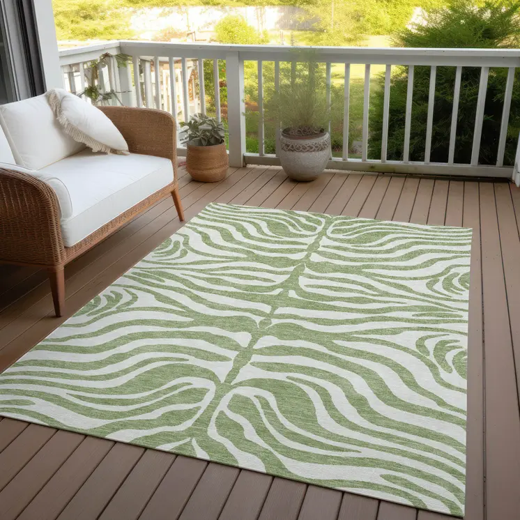 10' X 14' Artichoke Green And Ivory Animal Print Washable Indoor Outdoor Area Rug