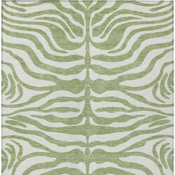 10' X 14' Artichoke Green And Ivory Animal Print Washable Indoor Outdoor Area Rug