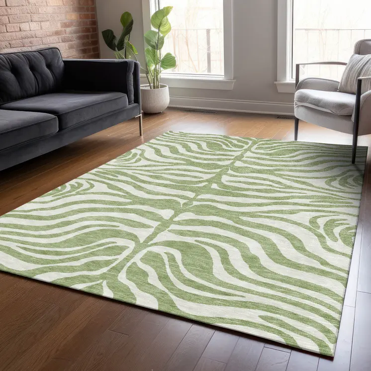 10' X 14' Artichoke Green And Ivory Animal Print Washable Indoor Outdoor Area Rug