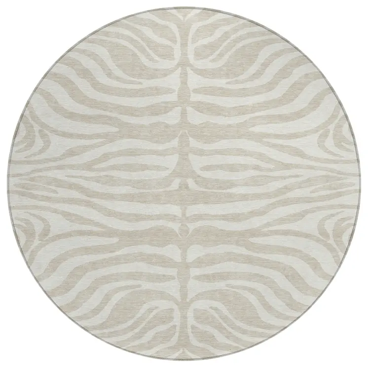 8' Beige And Tan Round Animal Print Washable Indoor Outdoor Area Rug