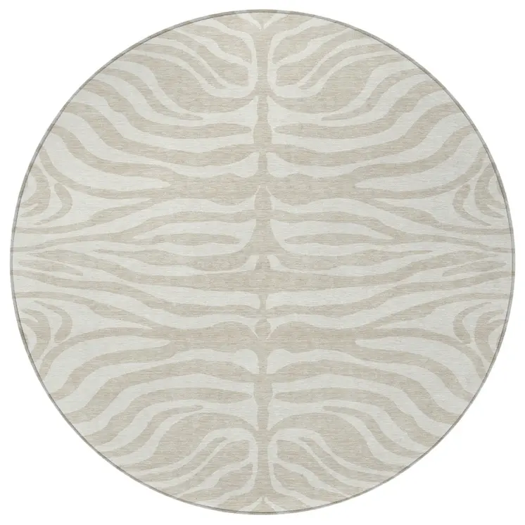 8' Beige And Tan Round Animal Print Washable Indoor Outdoor Area Rug