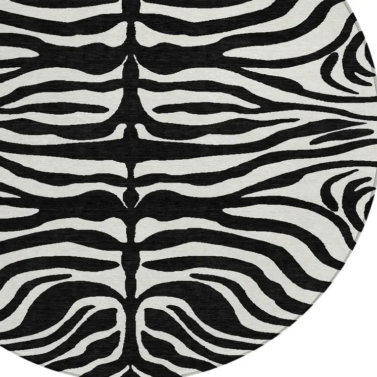 8' Black And Ivory Round Animal Print Washable Indoor Outdoor Area Rug