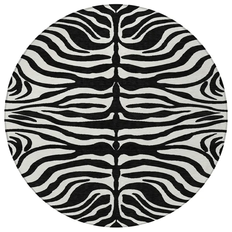 8' Black And Ivory Round Animal Print Washable Indoor Outdoor Area Rug