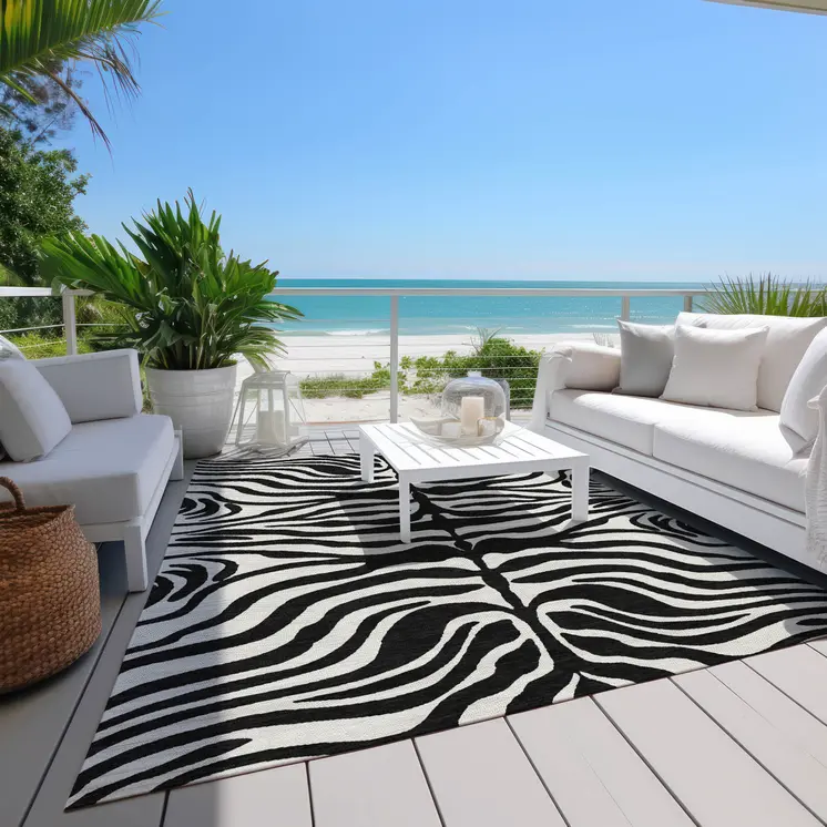 8' X 10' Black And Ivory Animal Print Washable Indoor Outdoor Area Rug