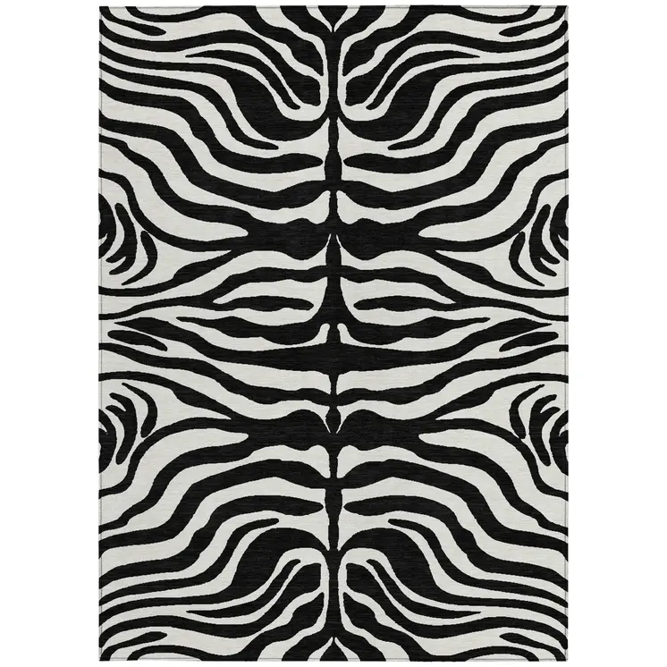 9' X 12' Black And Ivory Animal Print Washable Indoor Outdoor Area Rug