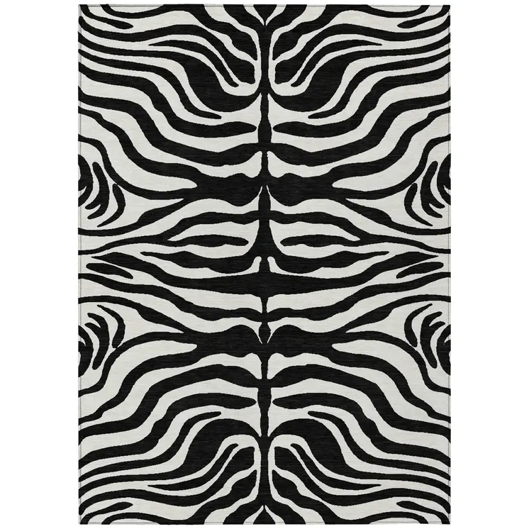 9' X 12' Black And Ivory Animal Print Washable Indoor Outdoor Area Rug