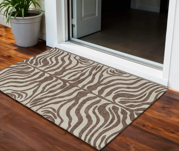 3' X 5' Brown And Beige Animal Print Washable Indoor Outdoor Area Rug